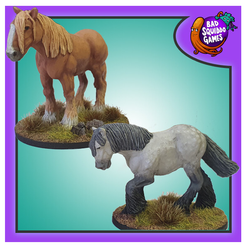 Heavy Horses - Pete & Tom  code FAF005 by Bad Squiddo Games. Image shows 2 painting miniatures, one is a brown heavy horse with blonde hair and the other a grey heavy horse 
