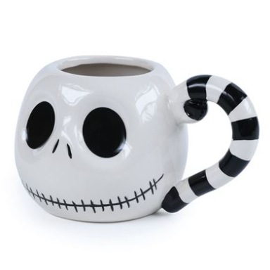 This lightweight mug represents Jack Skellington's face and has a stripped black and white handle. 