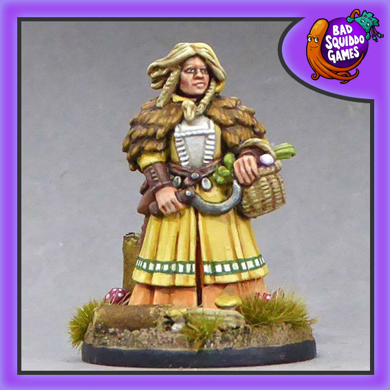 Hulda Herbalist by Bad Squiddo Games. a female in yellow clothes carrying a basket 