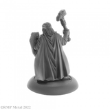 Balzador from the Dark Heaven Legends metal range by Reaper Miniatures sculpted by Bob Ridolfi. A male human cleric holding a shield in one hand and a hammer in the other, wearing full plate armour and a cloak