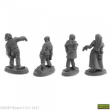 A pack of 4 Zombies from the Bones USA Dungeons Dwellers range by Reaper Miniatures. This pack contains four plastic zombies both male and female in various poses of typical undead shambling dressed in peasant style clothing from the middles ages