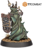 An armour clad wight lord holding a shield in one hand and a sword in the other. A 28mm scale resin miniature for your tabletop gaming from the fantasy heroes range by TT Combat. 