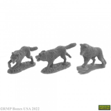 A set of 3 Wolf Pack from the Bones USA Dungeons Dwellers range by Reaper Miniatures. This pack contains three plastic wolves in various poses