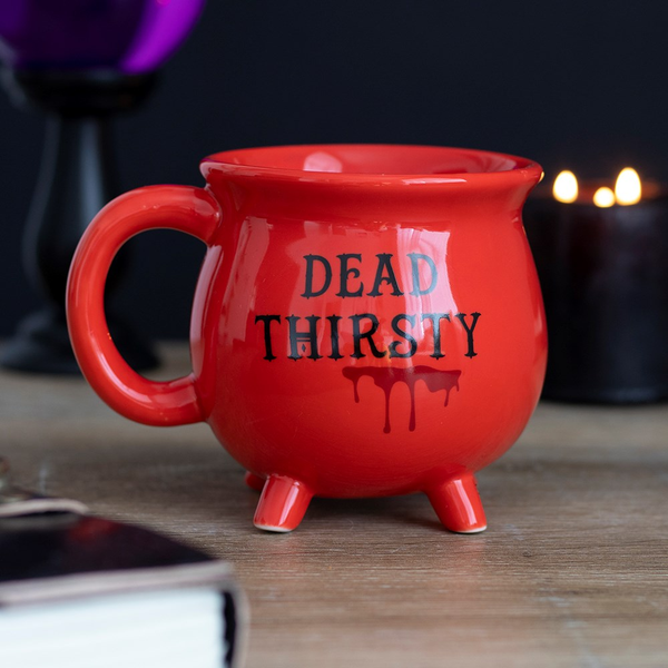 red Cauldon mug with the words 'Dead Thirsty' in black and red blood drip detail.