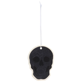 A hanging vanilla scented air freshener in the shape off and with a skull design out of the packet
