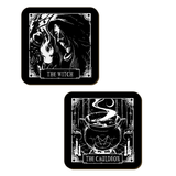 Set of four square monochrome coasters featuring The witch, The cauldron, The familiar and The faerie
