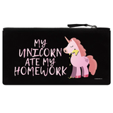 black pencil case featuring a pink unicorn chewing on yellow paper and the words My Unicorn Ate My Homework in pink. 
