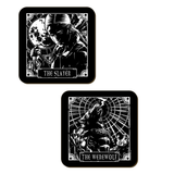 Set of four square monochrome coasters featuring The Slayer, The Werewolf, The Undead and The Vampyre with wonderful art work