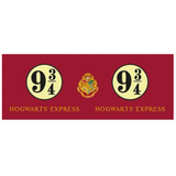 red with the words Hogwarts Express and nine and three quarters in a circle on the front and the back and the Hogwarts crest in the middle 