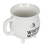 A lovely white mug in the shape of a cauldron and the words 'White Witch' written under a moon and stars design