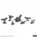 A pack of 7 Familiars from the Bones USA Dungeons Dwellers range by Reaper Miniatures. This pack contains various animal companions including bird of prey, dragon, bat and weasel