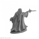 Erebus Nalas from the Dark Heaven Legends metal range by Reaper Miniatures sculpted by Bobby Jackson.  A male sorcerer wearing robes, with long hair and beard, no shoes casting a spell in a fighting stance