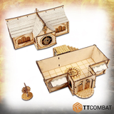 his MDF kit lets you build the Fancy Hat's Townhouse (so named as the resident of the house loves fancy hats), this elaborate building with its tiled roof, round and arched windows and back steps will make a great edition to your gaming table, RPG setting or diorama. roof removed view