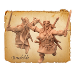 Moonstone Brunhilde The Giant miniature. This giant holds both arms out with a sword in one and her mouth open as if singing. Covered in swords and her hair in plaits