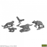 A pack of 5 animal companions from the Bones USA Dungeons Dwellers range by Reaper Miniatures sculpted by Julie Guthrie. This pack contains various animal companions including bird of prey, bear and wolf
