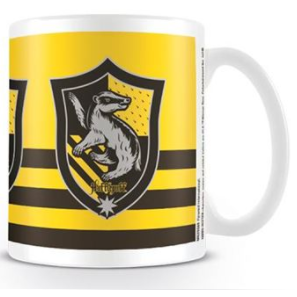 A white mug with the Hufflepuff yellow and black colours in stripes and the house crest in three places running around the mug. Hufflepuff Crest Harry Potter homeware