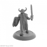 Rictus The Undying from the Dark Heaven Legends metal range by Reaper Miniatures sculpted by Bob Ridolfi. Holding a sword in one hand, a shield in the other, wearing armour and a horned helm