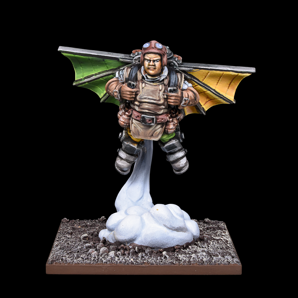 Halfling Ej Grenadiers Regiment for Kings of War by Mantic Games. This miniature is using mechanical flying machines 