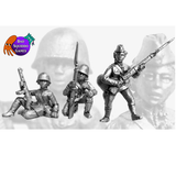 Female Soviet Tank Riders by Bad Squiddo Games, three metal gaming miniatures shown unpainted holding their weapons, two sitting and one standing. The picture has bad squiddo games logo in the top left