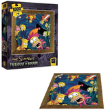 Simpsons Treehouse of Horror Happy Haunting 1000 Piece Jigsaw Puzzle features your favourite Simpsons characters in their Tree House of Horror roles with Homer as a Jack in the Box, Flanders as the Devil, Mr Burns as a vampire and more from the perspective of the viewer being six feet under looking up