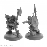 Orc Warriors from the Dark Heaven Legends metal range by Reaper Miniatures sculpted by Bobby Jackson.  A pack of two metal Orc miniatures for your gaming table, one holding a spear and pointing the other with an axe in a fighting stance. 