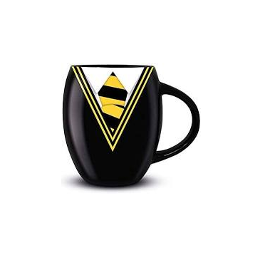 black mug has the house crest for Hufflepuff on one side and the school tie colours on the other. Harry potter Hufflepuff mug