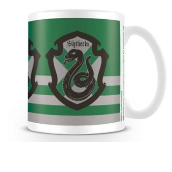 A white mug with the Slytherin grey and green colours in stripes and the house crest in three places running around the mug