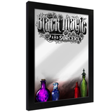 Framed Black Magic And Sorcery Mirrored Tin Sign with colourful bottles of potion along the bottom 