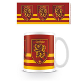 white mug with the Gryffindor red and yellow colours in stripes and the house crest in three places running around the mug. Harry Potter homeware mug