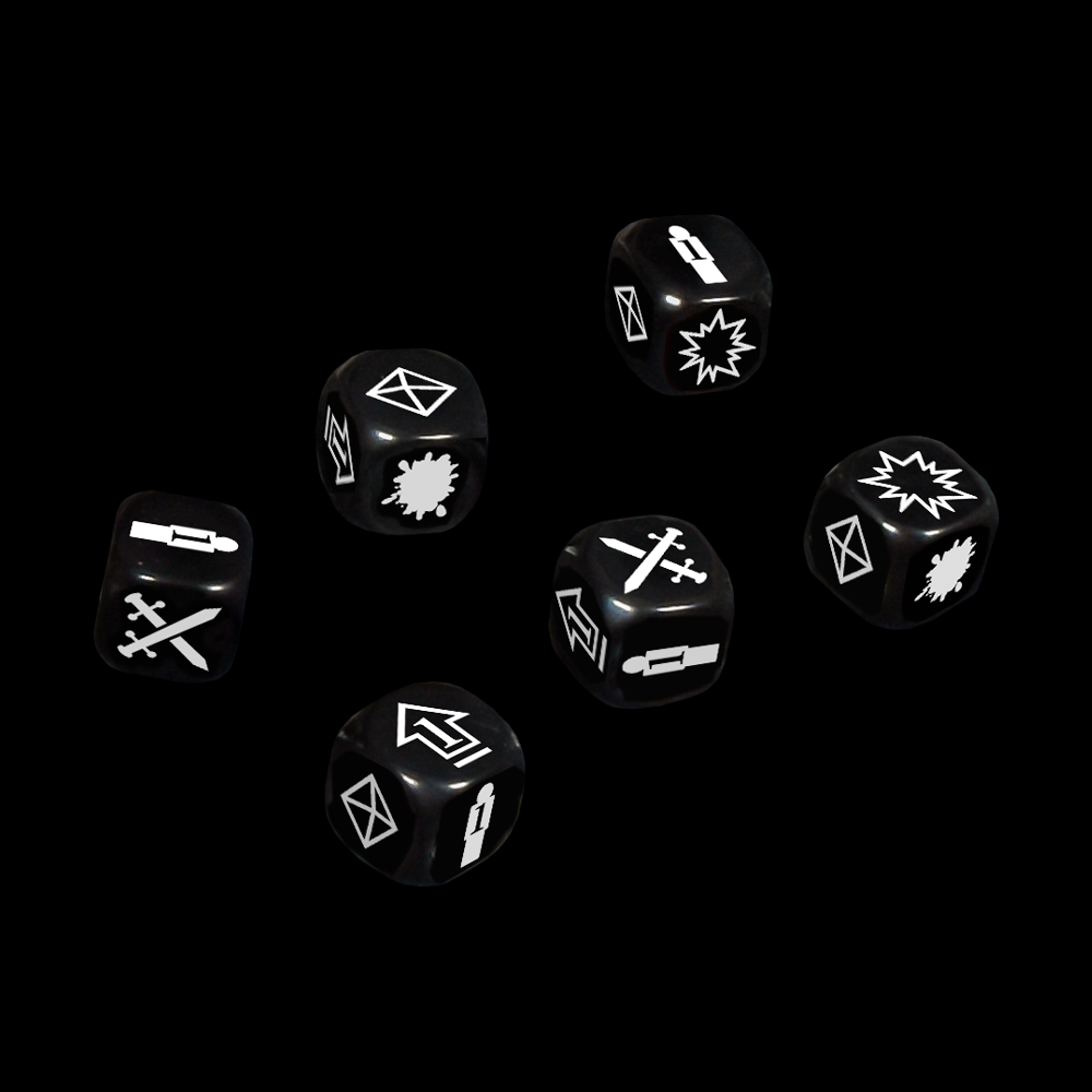 six black dice with white images and six sides (D6) 