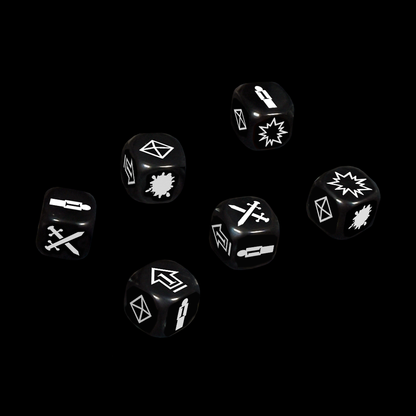 six black dice with white images and six sides (D6) 