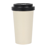 travel mug in a cream colour topped with a black lid.