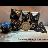 Giant black RPG D20 dice set with pound coin