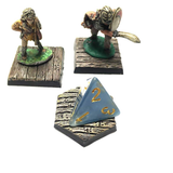 A pack of wooden plank effect bases for your miniatures by Legend Games, shown with two miniature and a dice for scale