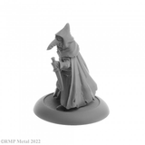 Sister Hazel Plague Doctor from the Dark Heaven Legends metal range by Reaper Miniatures, wearing the traditional long mask of a plague Dr this female alchemist carries a blade in one hand and a potion bottle in the other