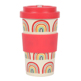 Rainbow Bamboo Travel Mug with a red sleeve