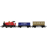 Valley Drifter Train Set by Hornby. A red train pulling a blue wagon and a brown carriage 