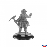  Rook, Arkos Jumper from the Bones USA range by Reaper Miniatures. A male archaeologist style character holding a pick axe in one hand and an object in the other