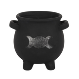 black terracotta cauldron shaped pot adorned with a silver triple moon design 