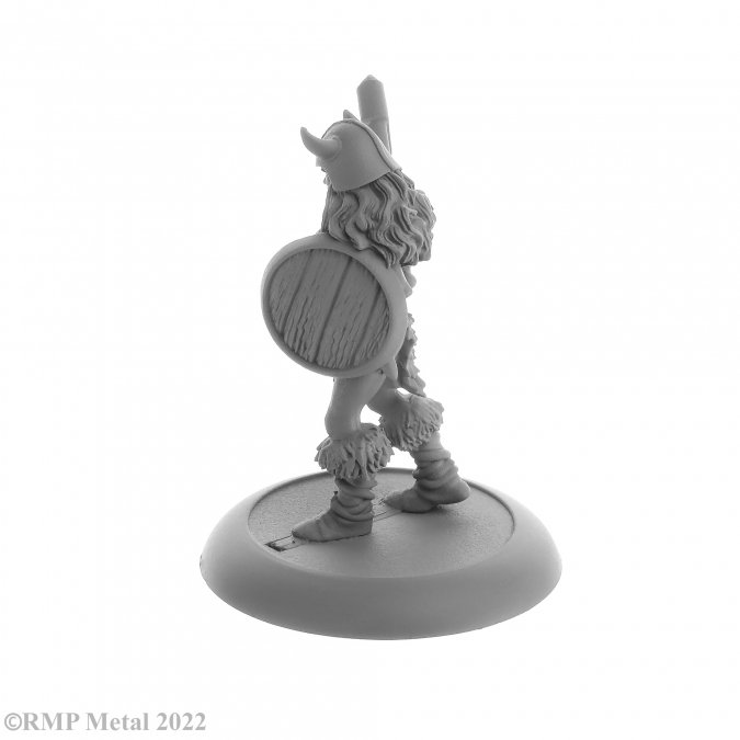 Jana Frostwind Barbarian from the Dark Heaven Legends metal range by Reaper Miniatures, holding a shield in one hand and wearing a horned helm and fur topped boots this metal miniature has a choice of sword or axe for her other hand