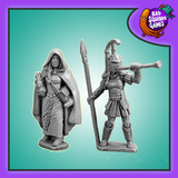 Bad Squiddo metal gaming figures. Assassin with her hood up and musician holding a spear and blowing her horn.