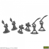 A pack of 6 Goblin Warriors from the Bones USA Dungeons Dwellers range by Reaper Miniatures sculpted by Bobby Jackson. This pack contains six goblins two holding swords, two with spears and two with an axe for your gaming table, diorama or RPG adventure. 