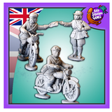Bad squiddo gaming miniatures, this image has a purple boarder, the united kingdom flag in the top left and the bad squiddo logo in the top right. 2 Ladies on motorcycles and one handing them a letter. Female Despatch Riders. Unpainted 