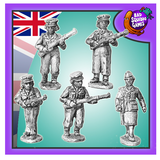 Bad squiddo gaming miniatures, this image has a purple boarder, the united kingdom flag in the top left and the bad squiddo logo in the top right. 4 females in standard auxiliary territorial service gear shown in training with rifles and one officer