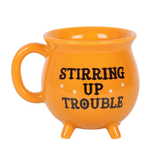  Cauldon mug in orange with the words 'Stirring Up Trouble' in black and white star detail.