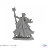 Reaper miniatures 30008 alaedril starbloom, emale elf holds a staff out in front of her, hair tied in a ponytail and clothed in beautiful robes. this image is the back of the figure and shows her cloak 