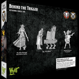 Behind the Trigger box set for the tabletop miniatures skirmish game Malifaux. This set includes plastic miniatures for the Guild and Bayou factions including a female gun slinger, weapon seller and fully armed hunter carrying a pig under one arm for your gaming table, hobby needs or miniature collection.