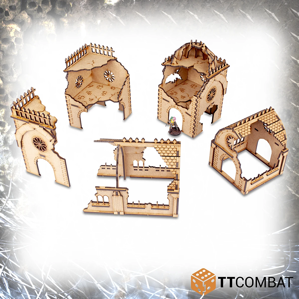 Convent Ruins mdf kit with a painted miniature to show scale 