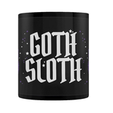 A black mug featuring Goth Sloth in white 