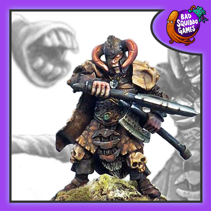 Adira Dark Champion by Bad Squiddo sculpted by Tim Prow. This very cool female warrior miniatures comes with options for assembly including a helmeted head or a ponytail head as well as the choice of tentacle arm or arm holding an axe to give you more freedom and detail on your gaming table.